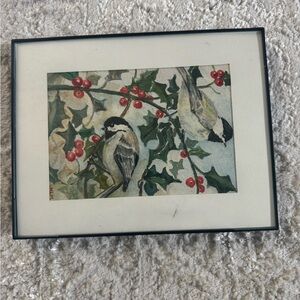 Hand drawn Framed Bird and Berry Art